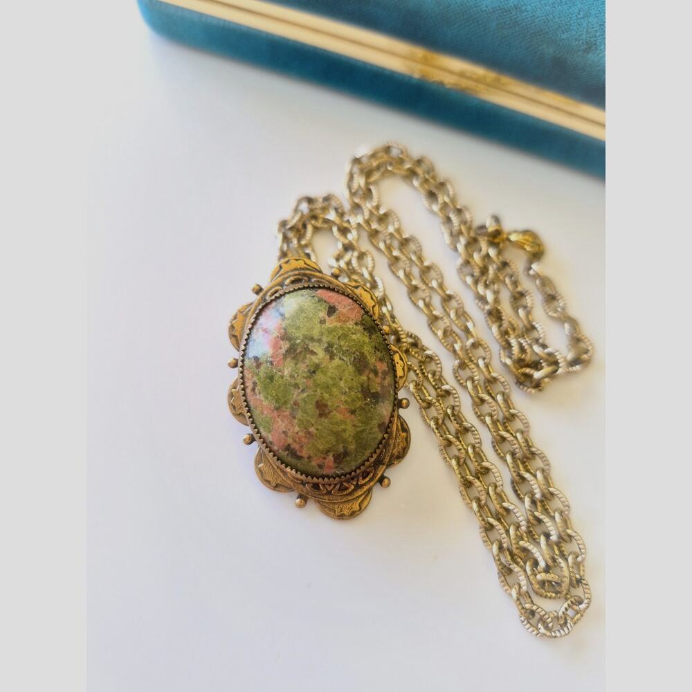 Vintage Unakite Oval Halo Pendant Necklace